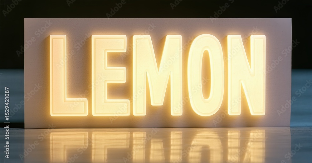 Poster bright luminous lettering spells lemon. reflective surface creates blurred mirror image below text. 