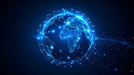 Obraz premium Firefly_Holographic globe spinning slowly, interconnected pathways glowing with electric blue 
