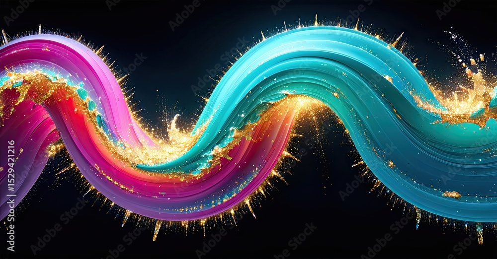 Poster vibrant waves intertwine, glowing gold particles accentuating curves. pink, turquoise hues create dy