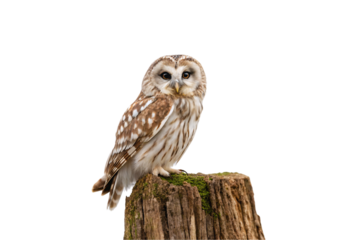 Spotted owl sitting calmly on moss-covered tree stump with distinctive facial disc and markings, isolated on a transparent background