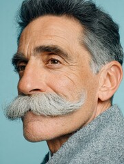 Portrait of a Handsome Man with Impressive Groomed Moustache on Bright Background – Stylish Male Model with Facial Hair, Copy Space