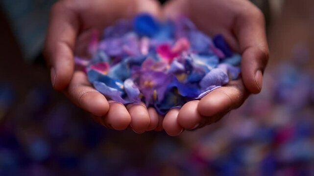 Concept photo of hands releasing a handful of flower petals, a traditional act of offering prayers to the divine.