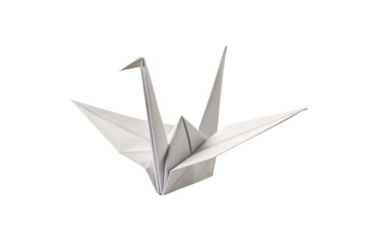 Gray paper origami crane with sharp creases and pointed wings positioned at dynamic angle, isolated on a transparent background