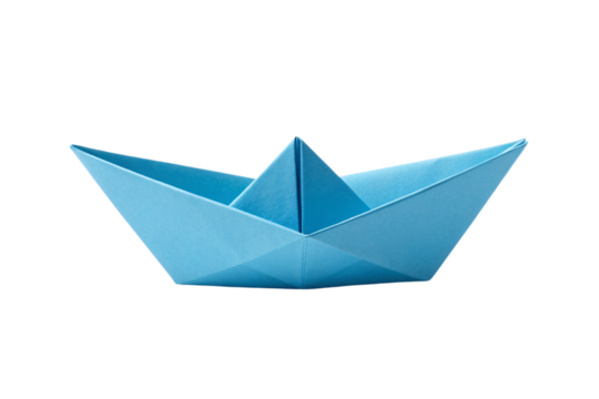 Light blue folded paper ship with pointed bow and classic origami construction technique, isolated on a transparent background