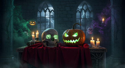 Halloween Scene – Skull, Pumpkin, and Floating Candles in a Haunted Fortress Chamber