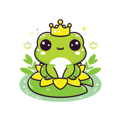 Obraz premium Cute green frog wearing a crown on a lily pad