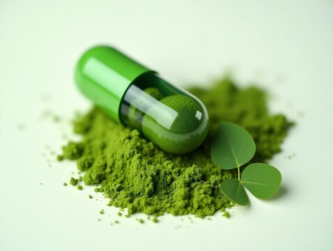 Natural ivy-based supplement capsule with green powder and ivy leaf symbolizing organic medicine, plant-based healthcare, herbal remedy, and eco-friendly pharmaceutical innovation.