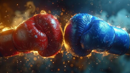 This image captures the dramatic moment of two boxing gloves colliding, surrounded by sparks and smoke that emphasize the intensity of the sport and competitive spirit.
