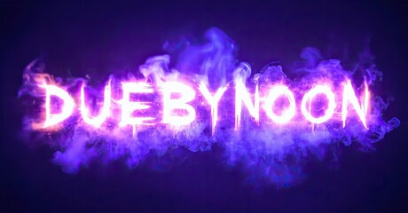 Fototapeta premium Bright text reads DUEBYNOON with purple smoke effects. Dramatic lighting creates intense visual impact. Bold typography dominates dark background.