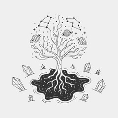 A flower is drawn in the center with a star and a planet in the background