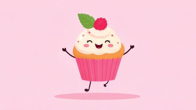 Happy Dancing Raspberry Muffin Character Dancing on a Pink Background. Seamless Loop