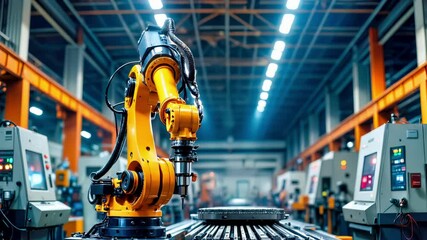 Industrial robotic arm welding with bright sparks in automated factory. Orange robot machinery performs precision manufacturing operations in modern production facility with advanced technology - Powered by Adobe