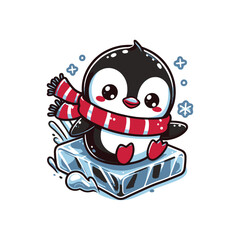 Cute penguin sliding on ice with snowflakes around