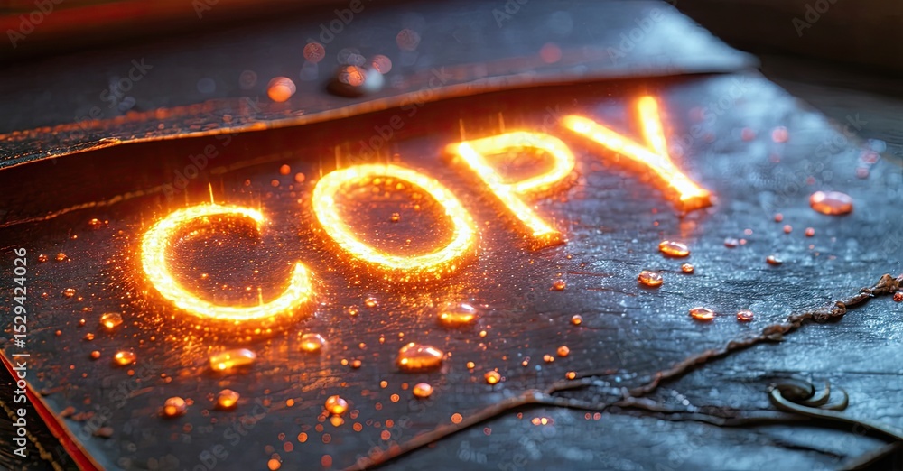 Aufkleber glowing word copy on dark wet surface. dramatic lighting creates intense visual impact. text appears