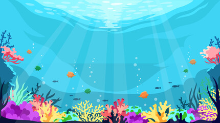 Colorful coral reef with tropical fish swimming in clear ocean waters, flat graphic style, underwater blue background. Concept of marine life. Vector illustration