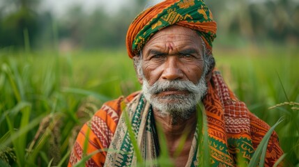Fototapeta premium This striking image features an elderly man dressed in traditional attire, embodying wisdom and connection to agrarian life, set against the backdrop of a thriving rice field.