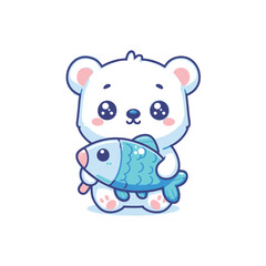 Naklejka premium Cute polar bear holding a fish in a playful scene