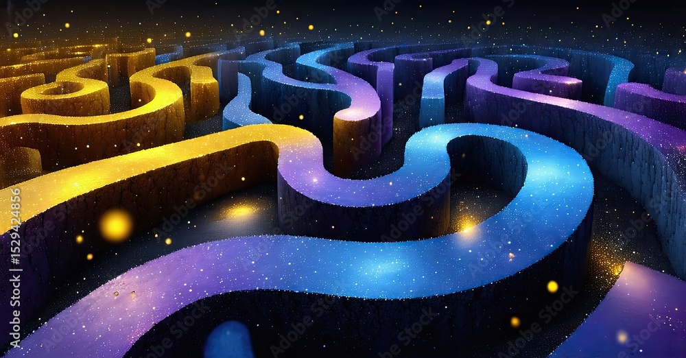 Poster colorful winding path, illuminated. abstract landscape with glowing curves, dark background. seems l