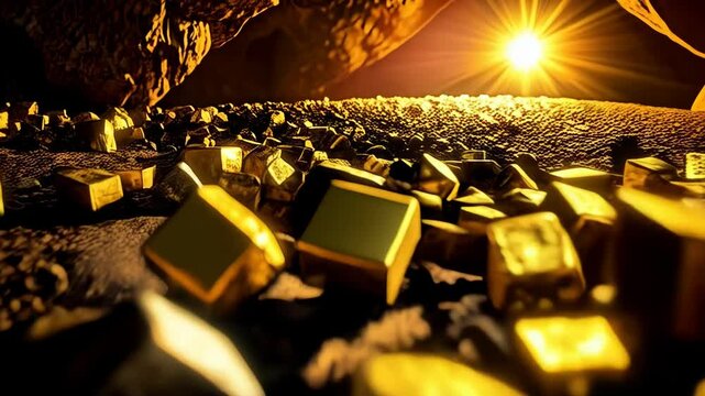 Cave filled with rough golden pyrite cubes and sparkling sunlight, shimmering wealth and natural formations in dim light