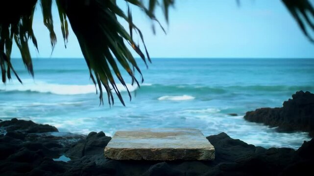 Cinematic shot of ocean waves gently lapping a rocky shoreline, with a flat stone platform jutting out in the foreground. A gentle breeze rustling the palm fronds. A dynamic yet calm video backdrop fo