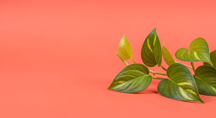 Vibrant Growth: Golden Pothos on Coral Background for Wellness and Design