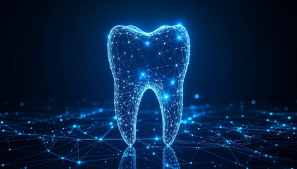 Digital hologram of a glowing tooth made of connected data nodes and lines