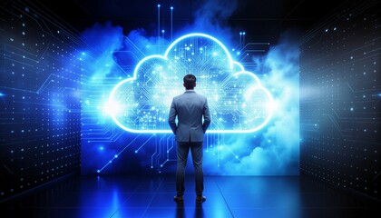 Businessman facing a glowing cloud computing hologram in a futuristic tech space
