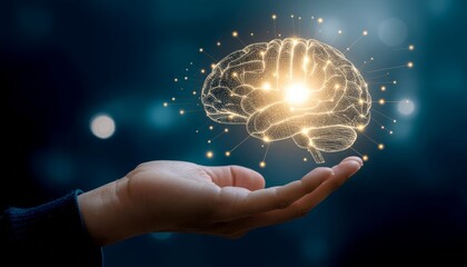 Hand holding glowing golden brain hologram representing artificial intelligence