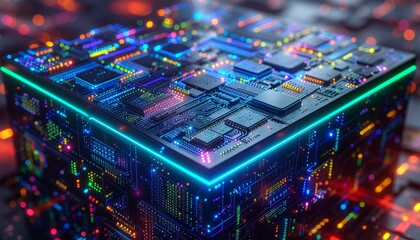 Colorful futuristic computer chip cube with glowing circuits and digital lights