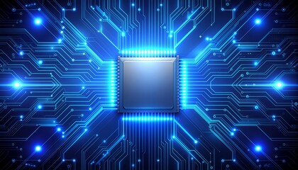 Glowing microchip on blue circuit board with futuristic tech design