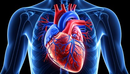 Highly detailed anatomical illustration of human heart with veins and arteries