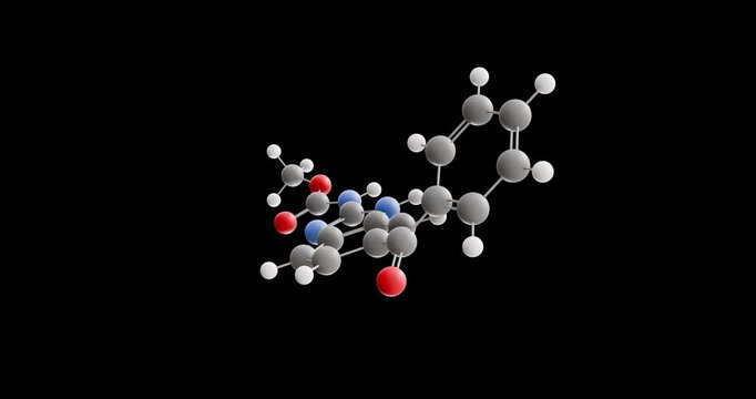 Mebendazole molecule, rotating 3D model of antihelminthic agent, looped video on a black background
