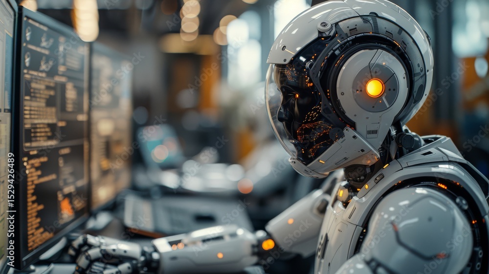 Poster a futuristic robot focused on its work at a high-tech computer, representing the convergence of tech