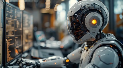 A futuristic robot focused on its work at a high-tech computer, representing the convergence of technology and innovation in today's advanced digital world.