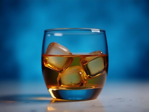 A refreshing glass of whiskey with ice cubes, set against a blurred blue background.