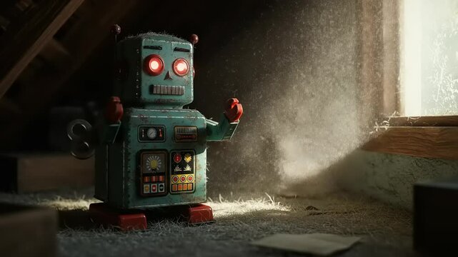 Vintage robot toy in dusty attic with sunlight streaming in