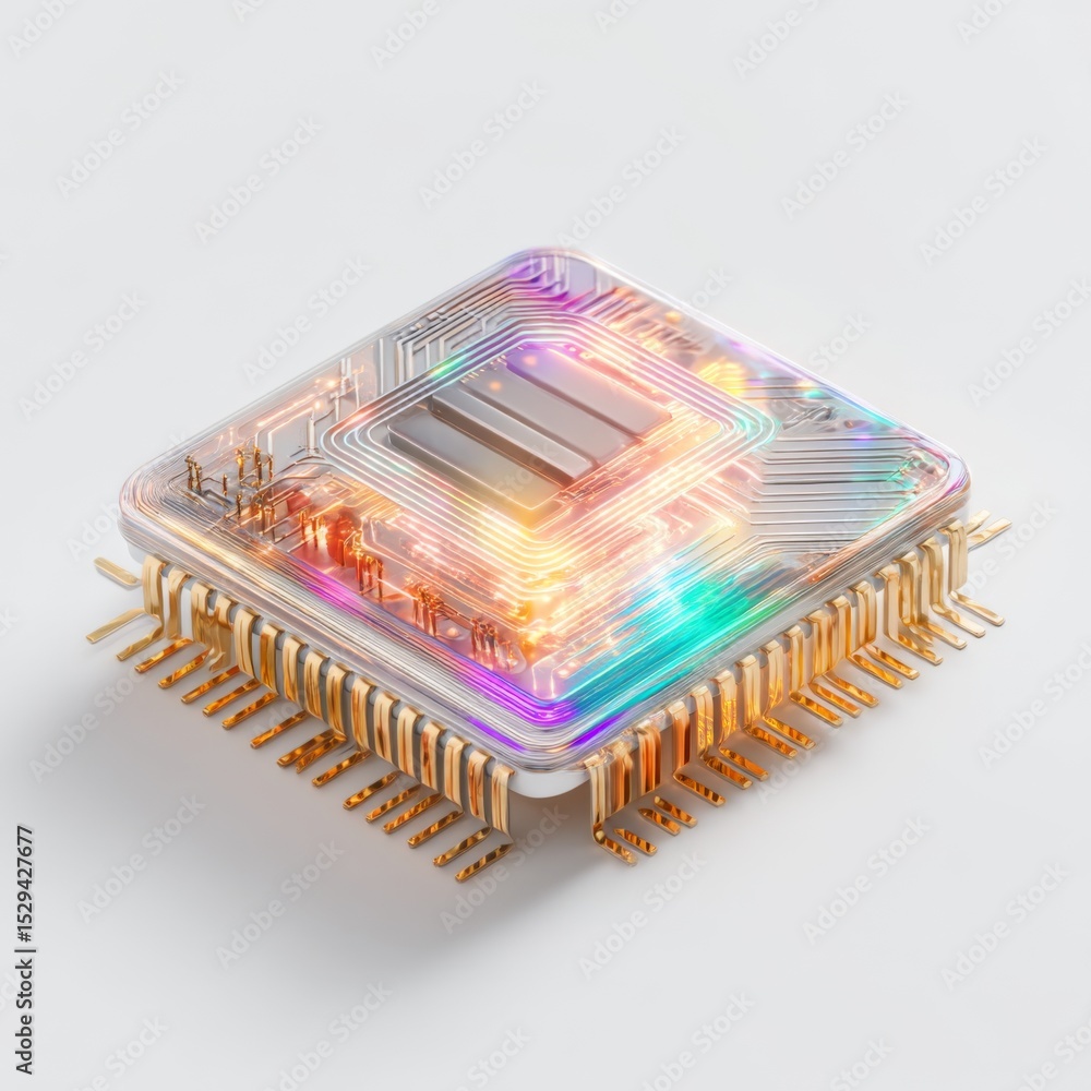 Poster futuristic quantum processor chip with neon colors and elegant design on light background