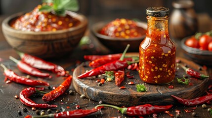 An artisanal bottle of spicy chili sauce is prominently displayed alongside fresh red chilies and sauces, conjuring a vibrant image of culinary creativity and flavor.