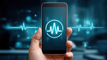 Health warning concept. A hand holds a smartphone displaying a glowing heartbeat icon, with a digital ECG waveform and medical symbols in the background.