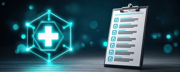 Health warning concept. A digital healthcare concept showing a glowing medical cross icon connected by lines and a clipboard checklist with ticked items.