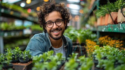 A cheerful young man with curly hair is surrounded by vibrant green plants in a garden center, embodying joy and connecting with nature in a lively, refreshing atmosphere.