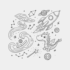 A black and white drawing of a rocket with surrounded by planets and stars