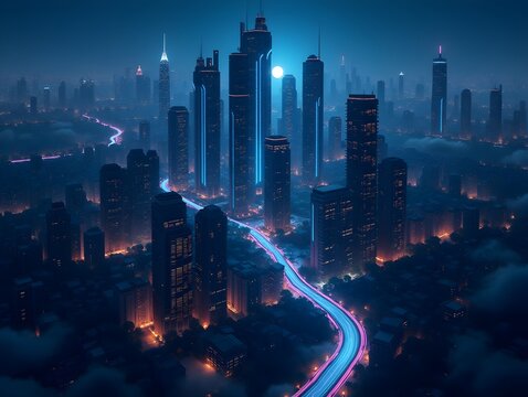 Futuristic city landscape cityscape isometric view Night city Created with technology