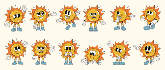 Obraz premium Collection of animated sun characters showing different emotions and poses, hand-drawn cartoon style on light background. Concept of expression. Vector illustration