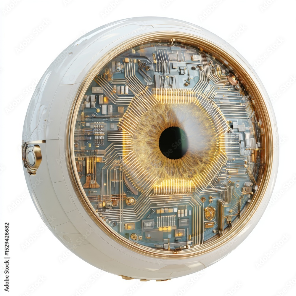 Poster futuristic circular device with intricate circuits and eye-like design showcasing technology and inn