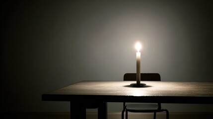 Single candle flickering on empty table symbolizing peaceful end of beautiful comforting thing, dark background emphasizing glow.