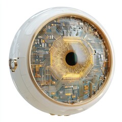 Fototapeta premium Futuristic Circular Device with Intricate Circuits and Eye-like Design Showcasing Technology and Innovation in Modern Art