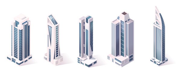 Collection of five modern skyscraper buildings in isometric graphic style on white background. Concept of urban architecture. Vector illustration