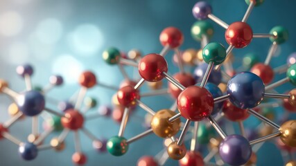 Obraz premium Complex interconnected network of colorful spheres illustrating connections, collaboration, and scientific advancement against soft abstract background