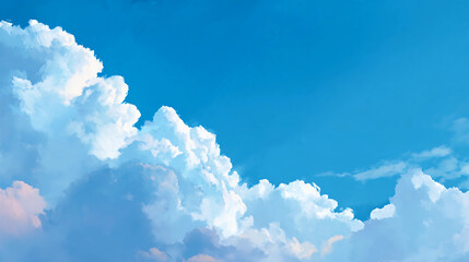 Bright blue sky with fluffy clouds, peaceful atmosphere, soft sunlight